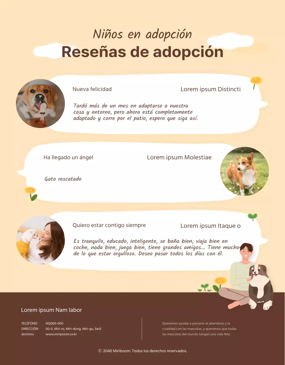 Página detallada del puesto de adopción ilustrada con tonos amarillo-marrón