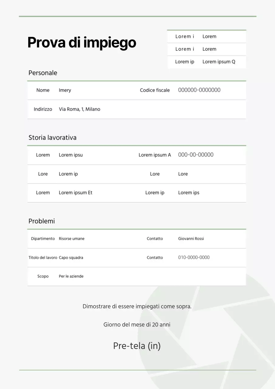 Un semplice documento di prova del servizio, di colore grigio chiaro.