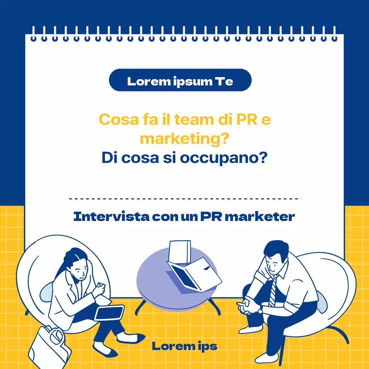 Colloquio per un lavoro nel marketing delle relazioni pubbliche in blu navy e giallo