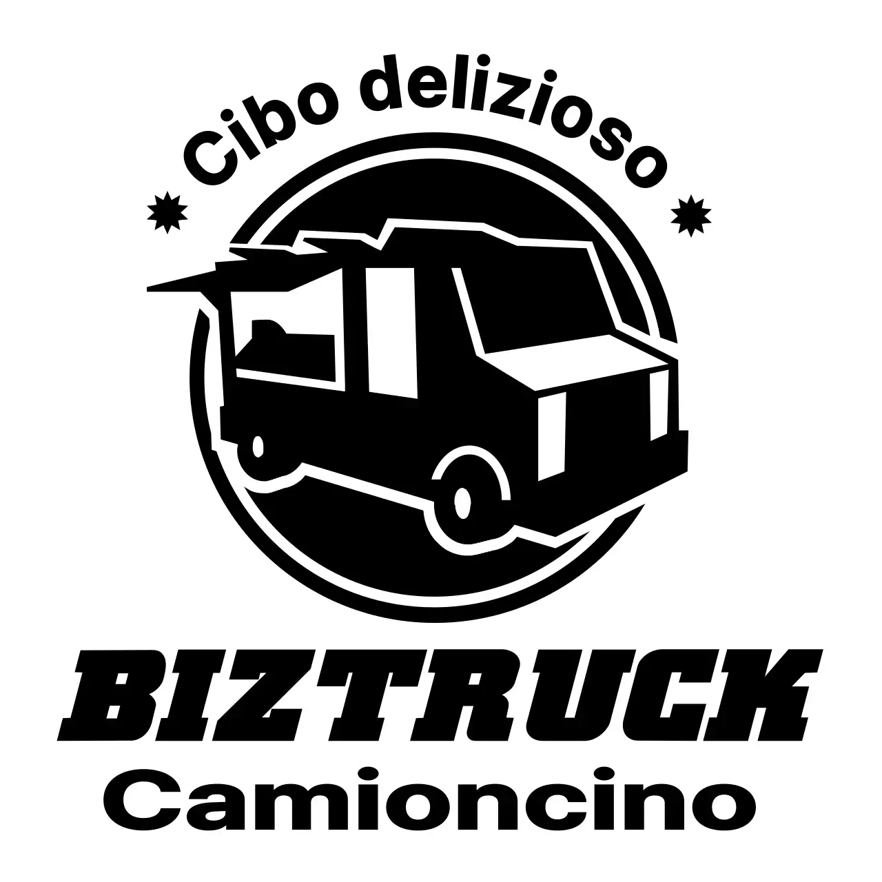 Concetto di camioncino del cibo con un semplice logo illustrativo nero del camioncino
