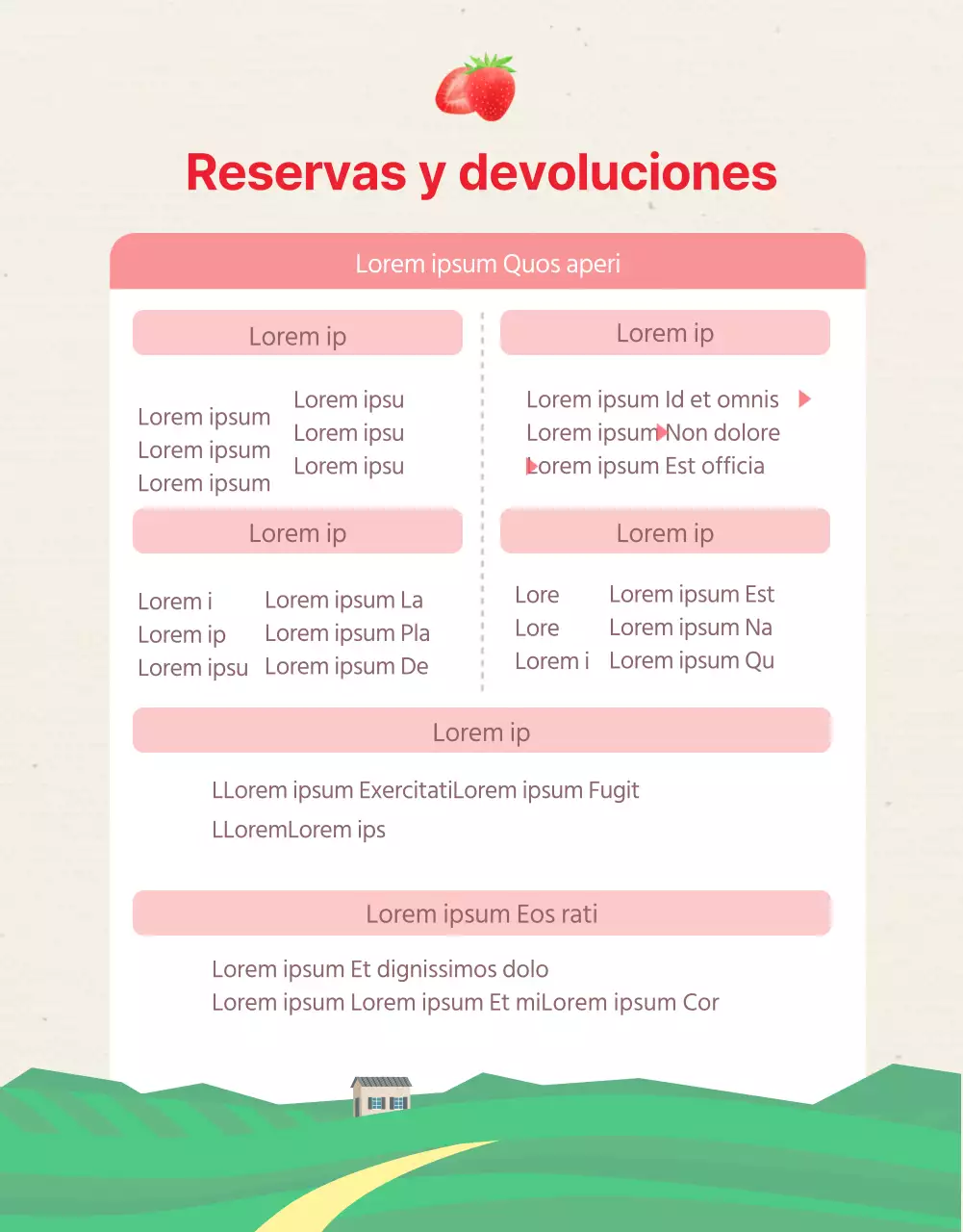 Detalles de la experiencia en la granja de fresas ilustrada en rosa