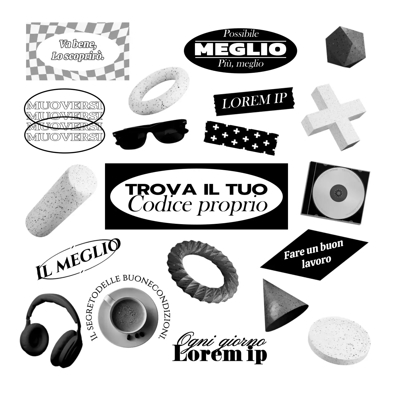 Vari oggetti e testi in un concetto di moda in bianco e nero