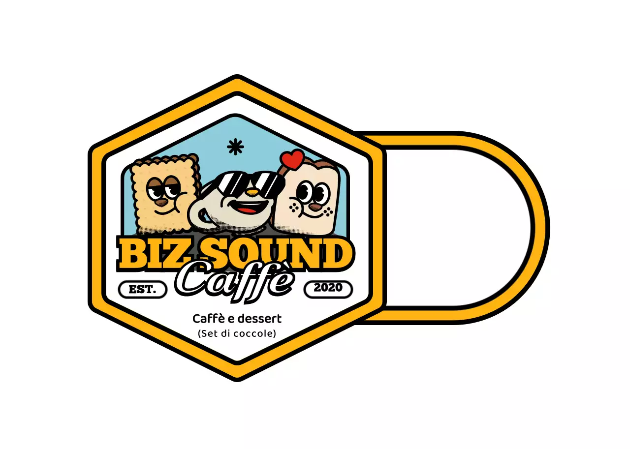 Una serie di prodotti da caffè in stile logo, simpatici e alla moda, nei colori giallo e nero.