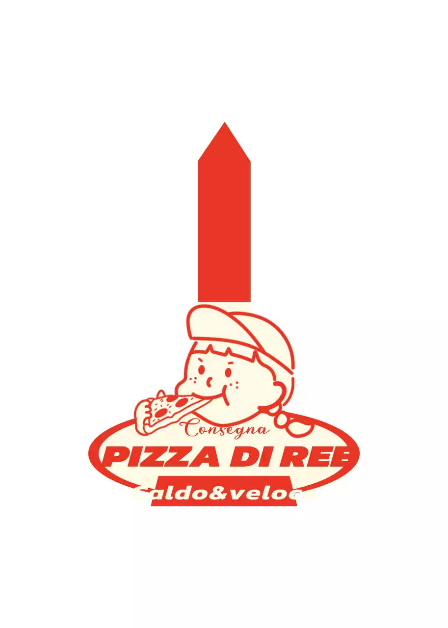 Logo di una pizzeria con una simpatica illustrazione in rosso e giallo