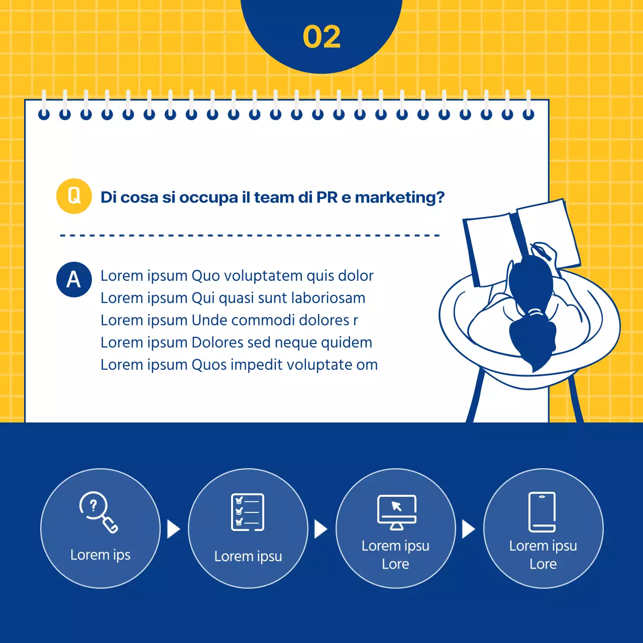 Colloquio per un lavoro nel marketing delle relazioni pubbliche in blu navy e giallo