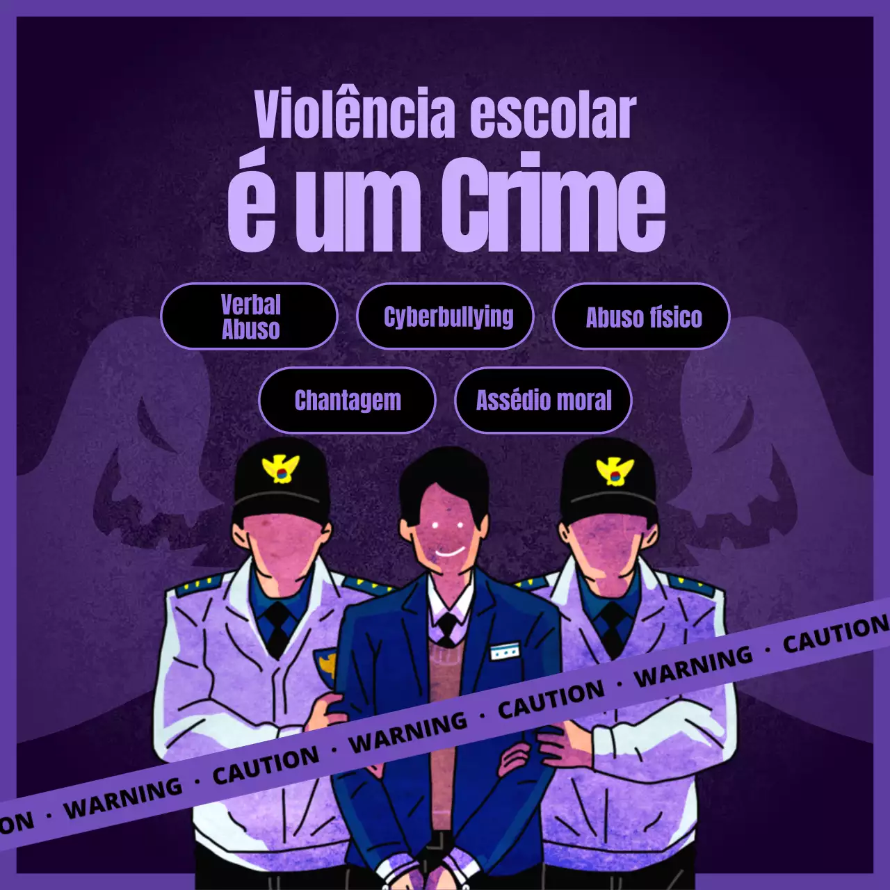 Tipos de violência escolar em roxo e preto