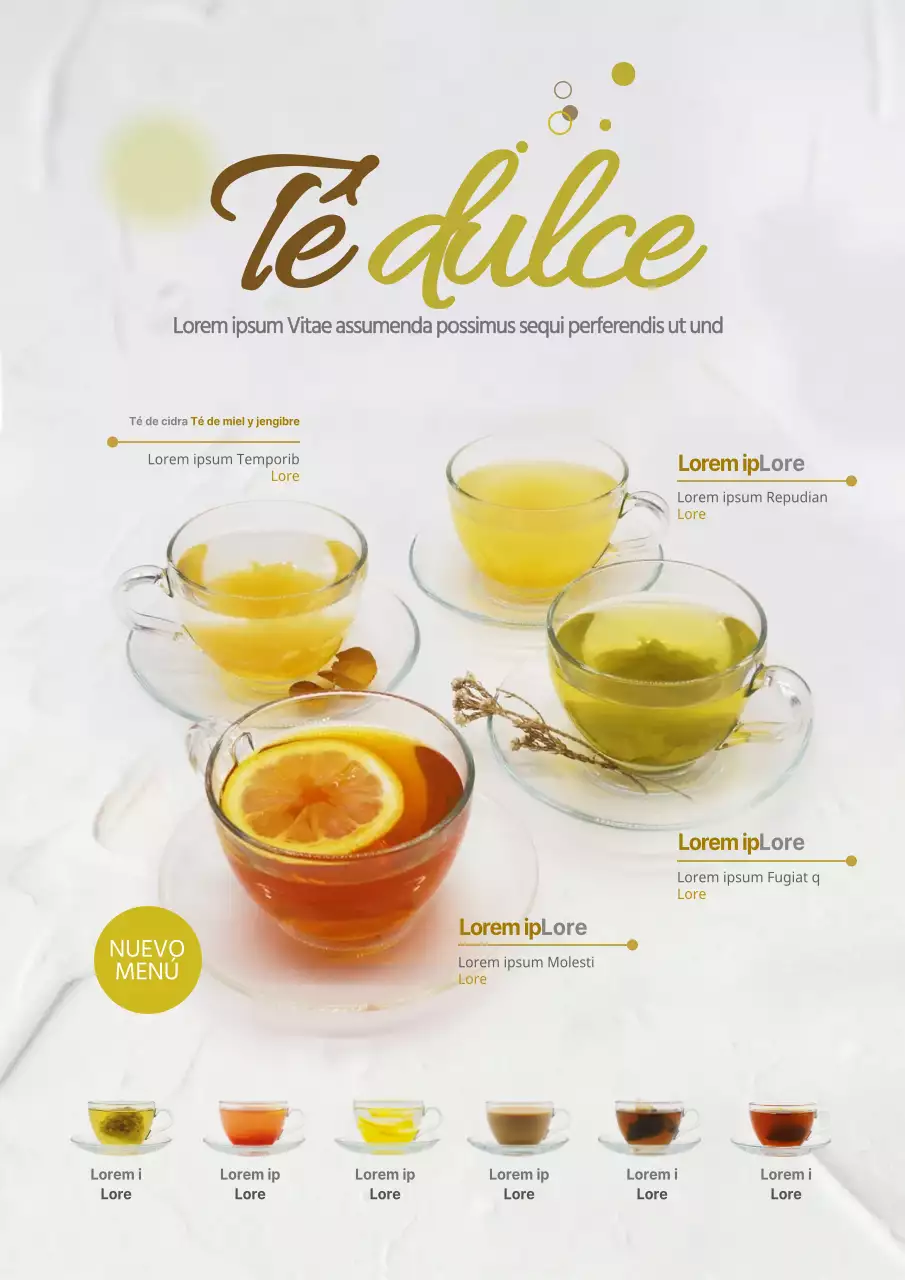Promociona la carta de tés de tu cafetería con fotos de tés amarillos y coloridos