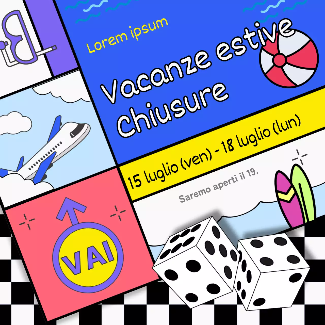 Una guida alle chiusure per le vacanze estive con colori neri e blu