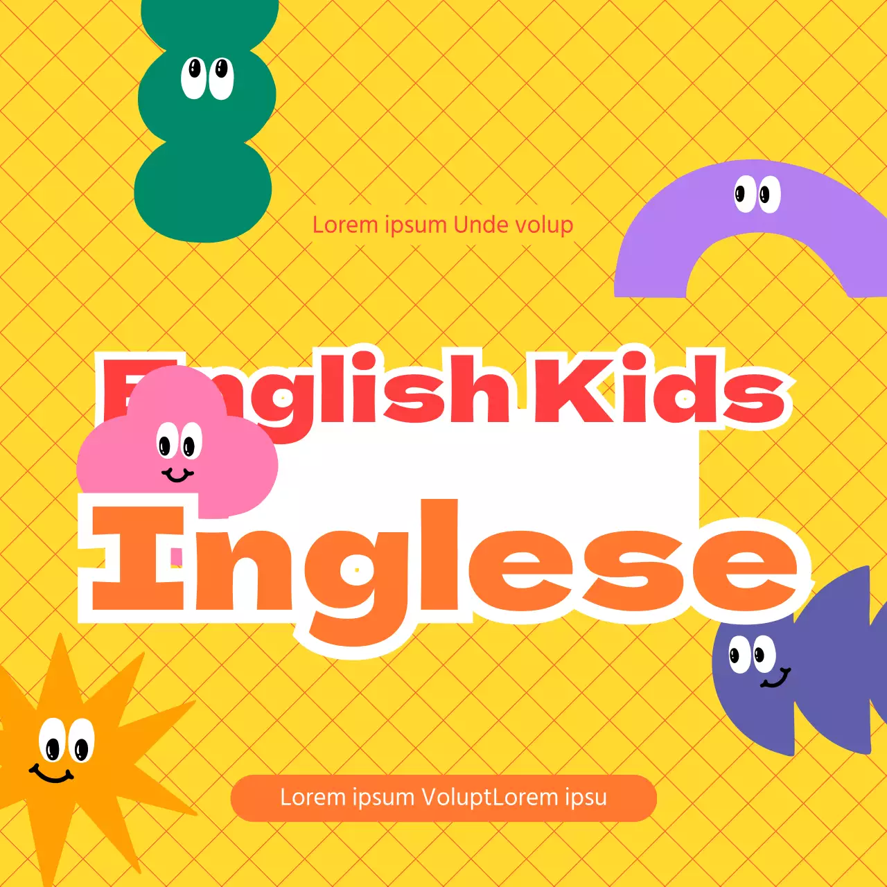 Presentazione di una scuola elementare di lingua inglese con un concetto colorato e forme simpatiche.