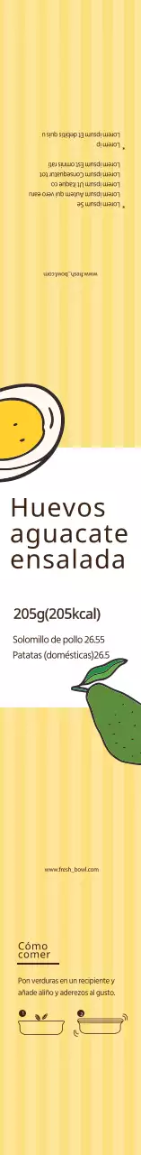 Etiqueta amarilla ilustrada de ensalada de huevo y aguacate