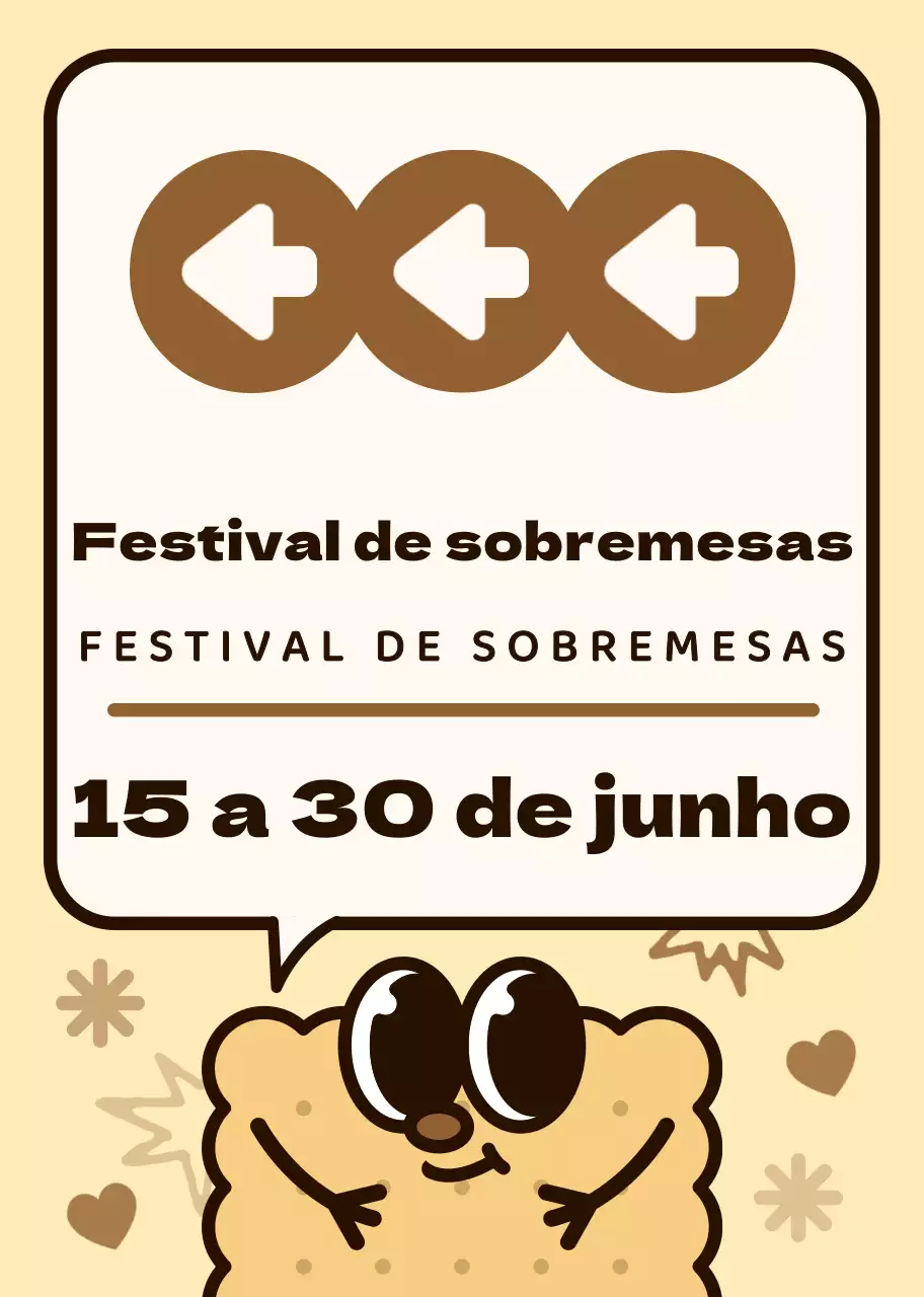 Esquema de cores castanho e rosa Personagens de bolachas giras e balões de fala estilo de ilustração Direcções para o festival de sobremesas