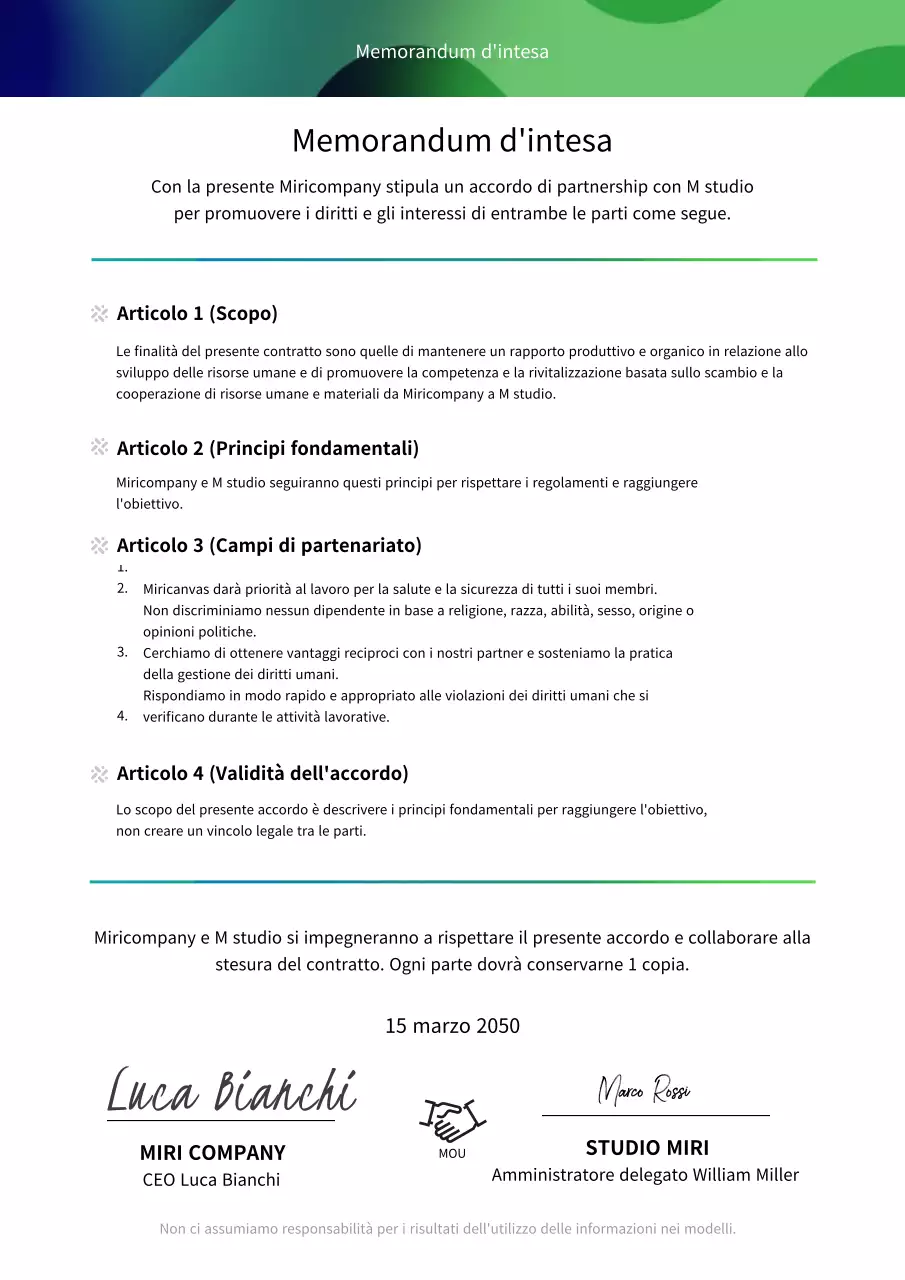 Blu navy e verde gradiente affari d'affari MOU accordo di partnership (modello aziendale)