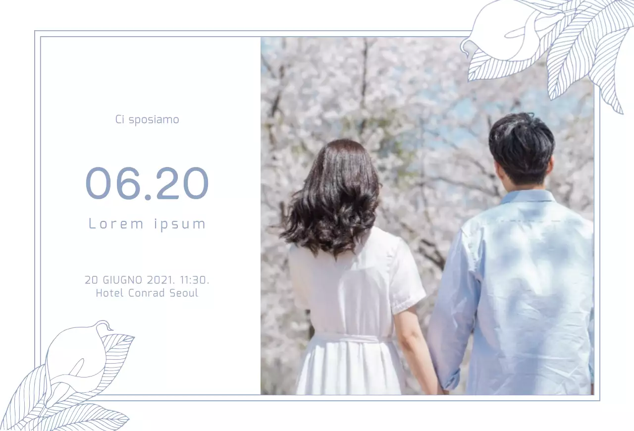 Invito a nozze cartolina orizzontale con illustrazione blu chiaro