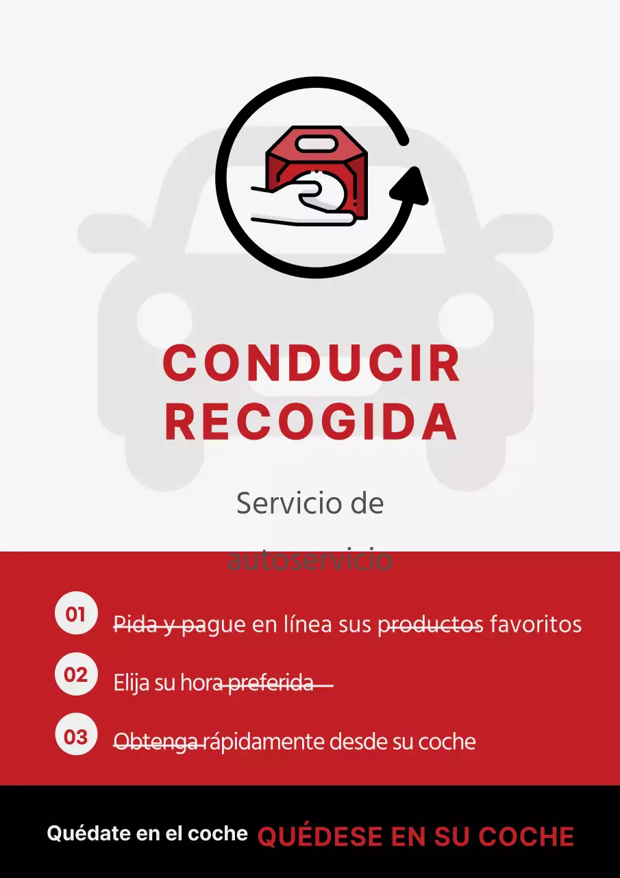 Indicaciones para llegar en coche con iconos rojos y negros de coches y envases