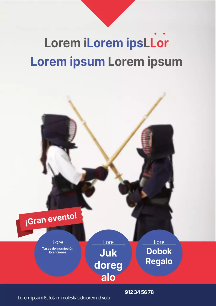 Material promocional de una escuela de kendo con la imagen de un niño haciendo kendo en azul y rojo.