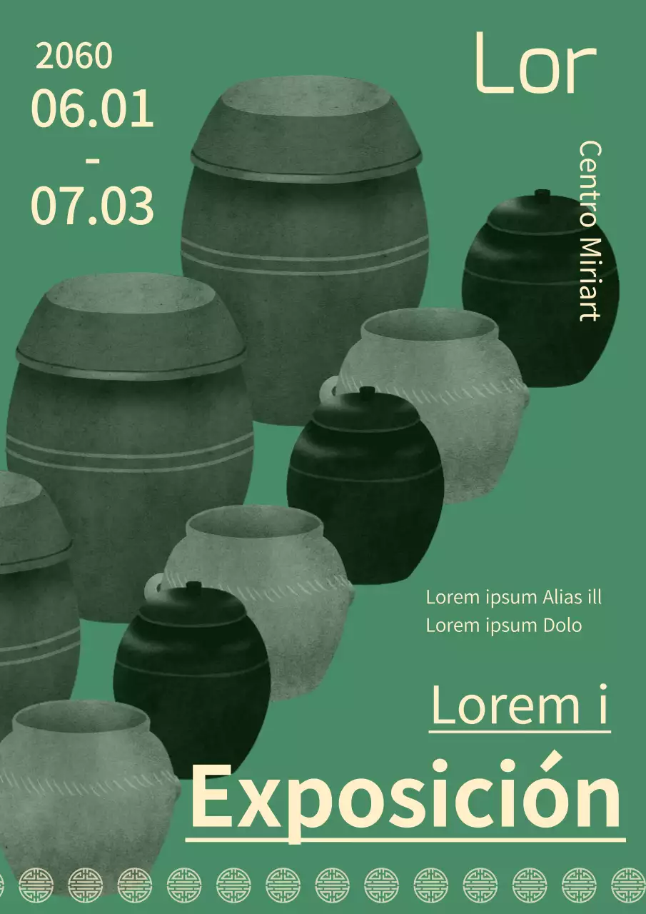 Guía de una exposición de cerámica tradicional en verde y beige