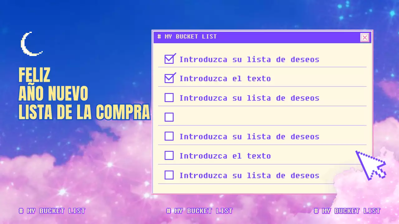 Una ensoñadora lista de cosas que hacer en Año Nuevo en tonos morados y rosas