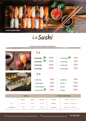 Menú sencillo de restaurante de sushi con fotos de sushi marrón y horarios de apertura