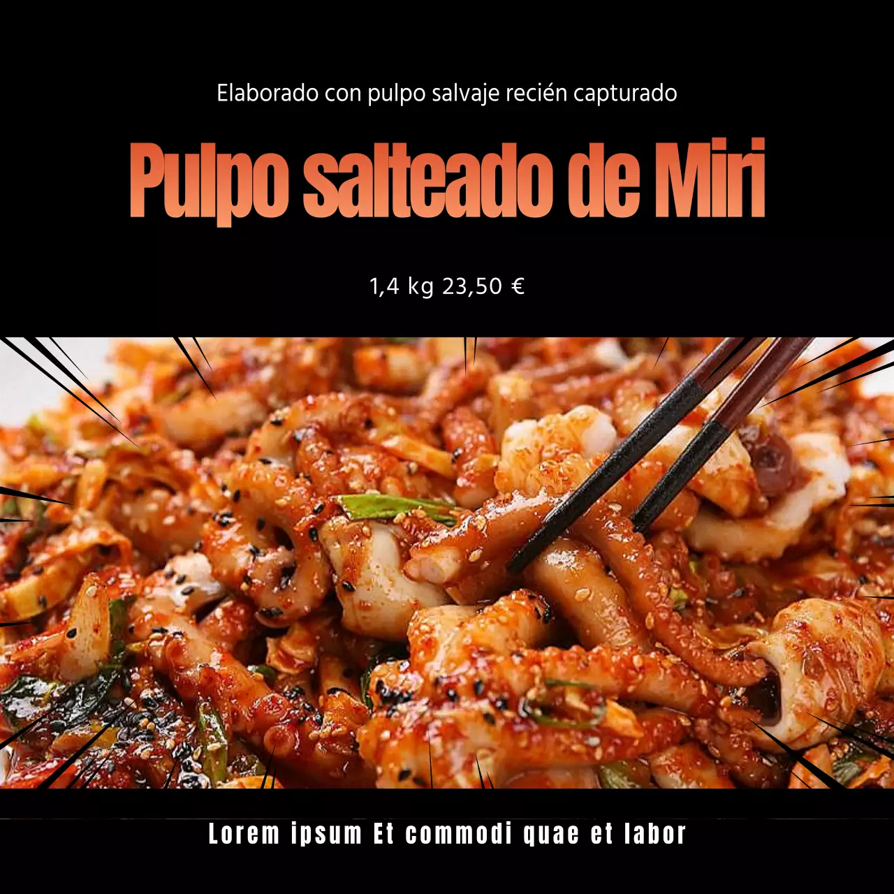 Pulpo salteado menú social media cuadrado con fondo negro