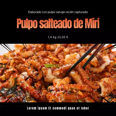 Pulpo salteado menú social media cuadrado con fondo negro