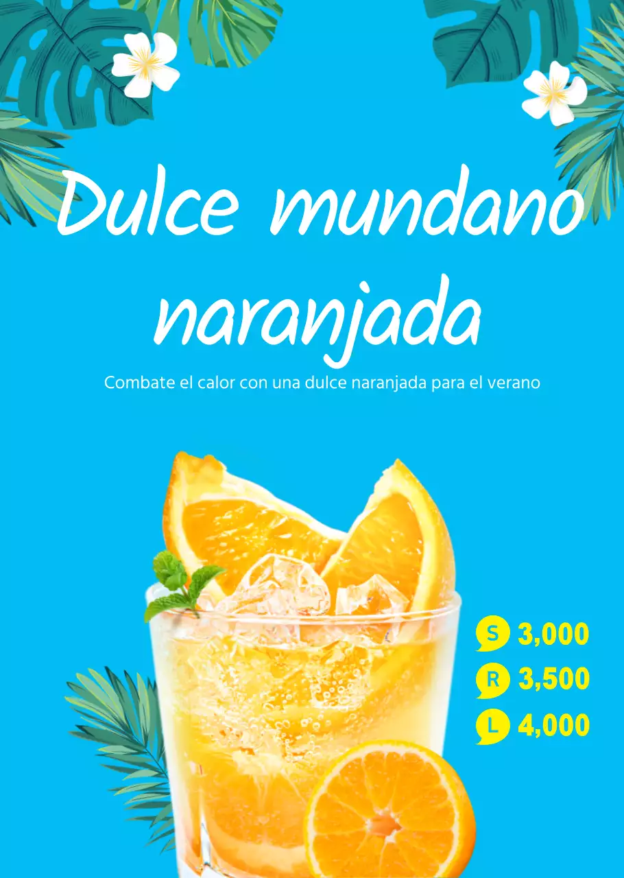 Cartel transparente para la refrescante bebida veraniega Orangeade café