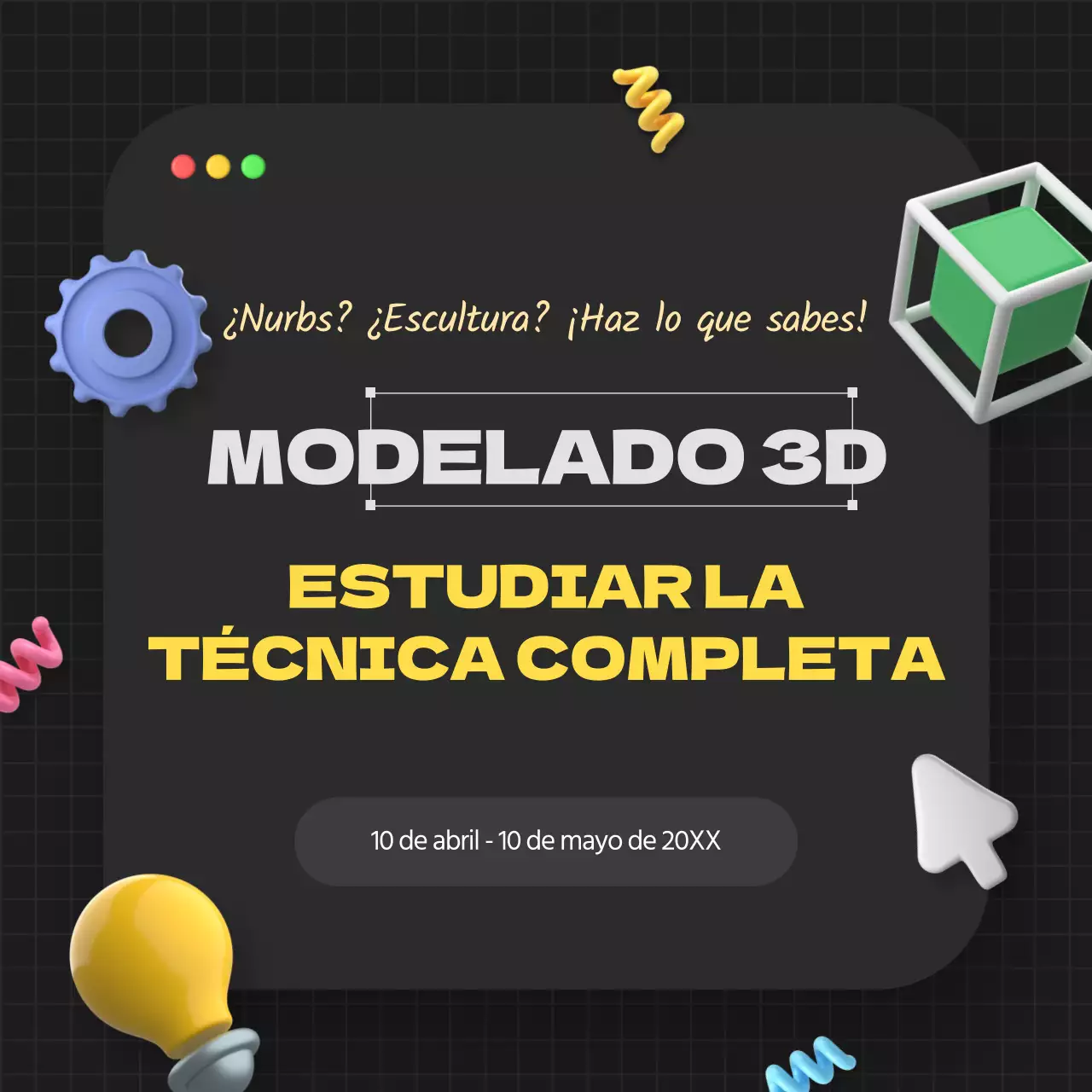 Anuncio de estudio de modelado 3D geométrico en negro y amarillo