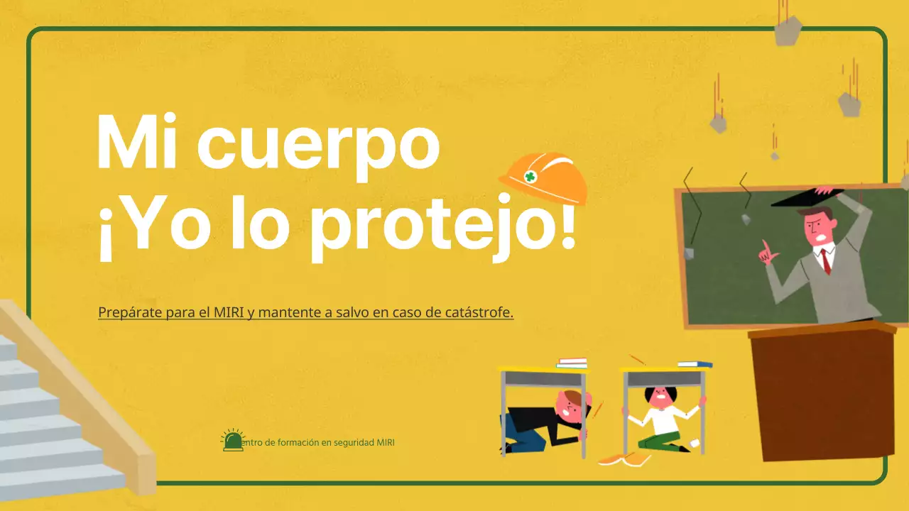 Educación sobre seguridad en caso de terremoto y catástrofe mediante ilustraciones en una pizarra amarilla y verde