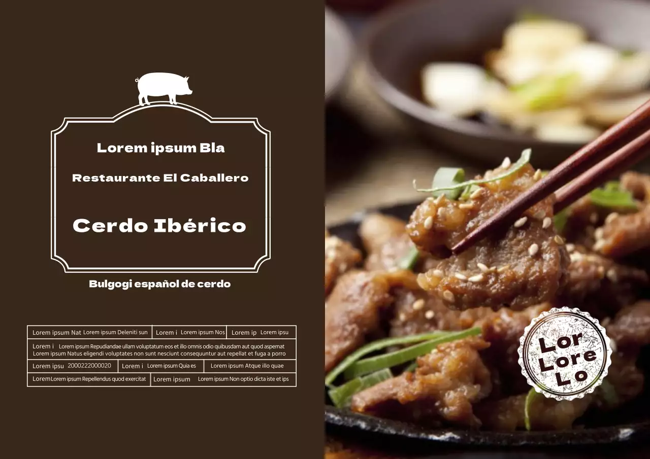 Icono marrón foto Alimentos destacados Bulgogi de cerdo Detalle etiqueta