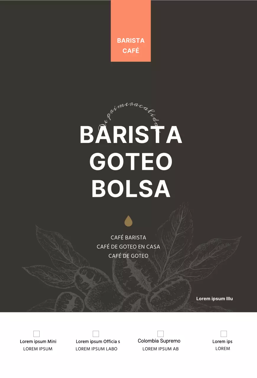 Ilustración de un café con judías marronesTarjeta informativa de productoTarjeta postal