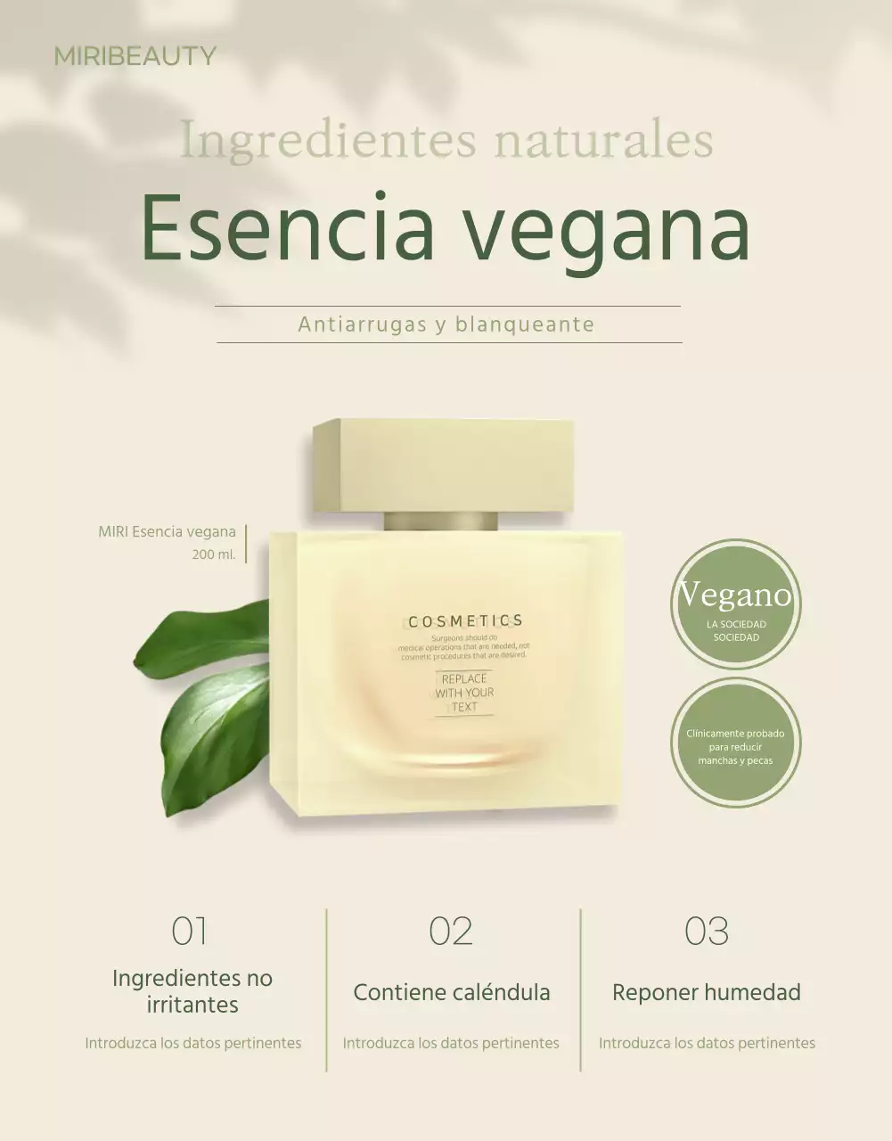 Cosméticos veganos en verde marfil detail page