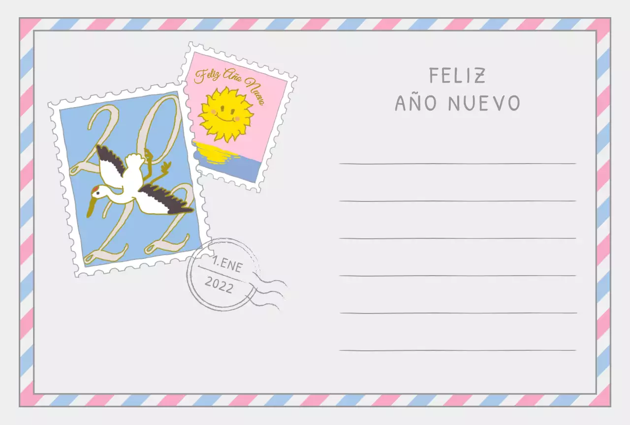 Sello de Año Nuevo con una simpática ilustración de un sol rosa y amarillo