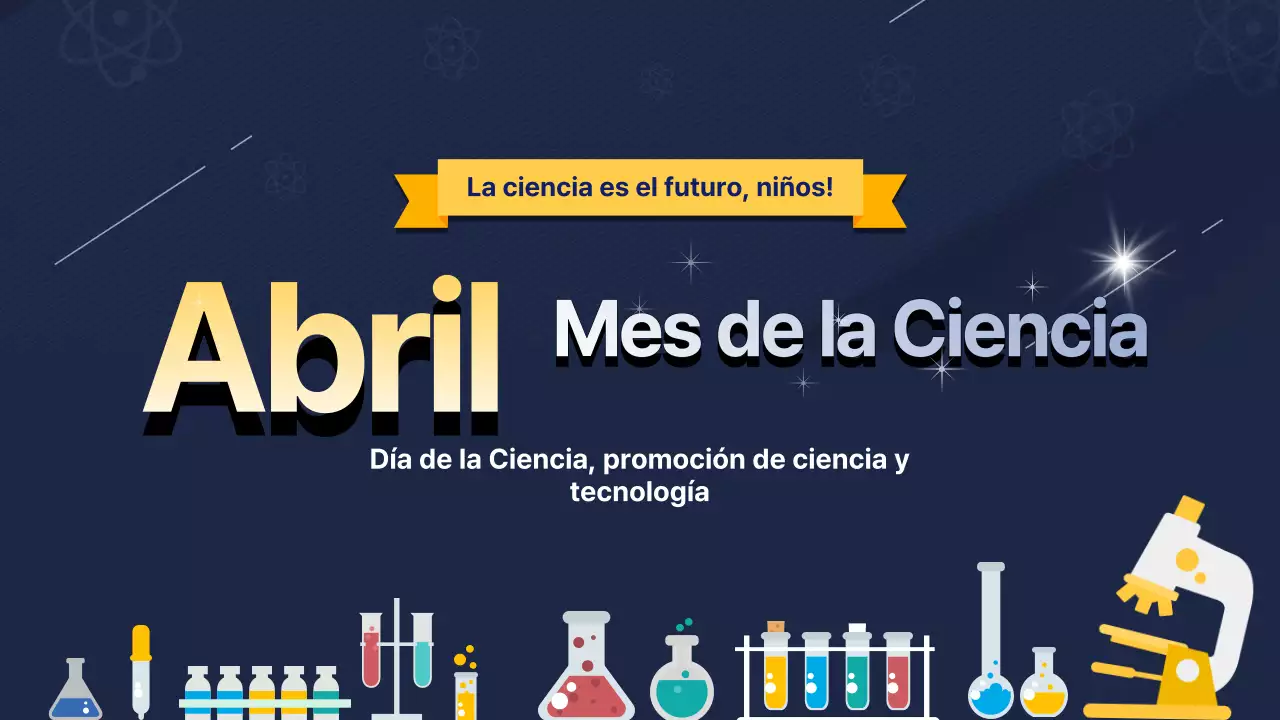Una cuidada guía de celebración del Día de la Ciencia en azul marino y amarillo