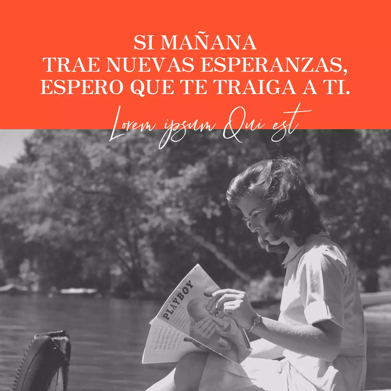 Mercancía sentimental con una foto vintage en blanco y negro de una mujer vestida de naranja.