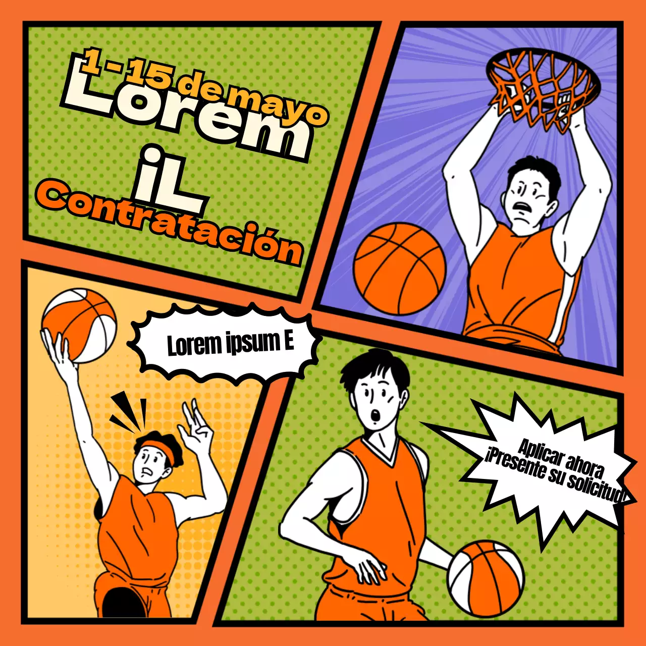 Reclutamiento para un club de baloncesto divertido, kitsch, naranja y de dibujos animados.