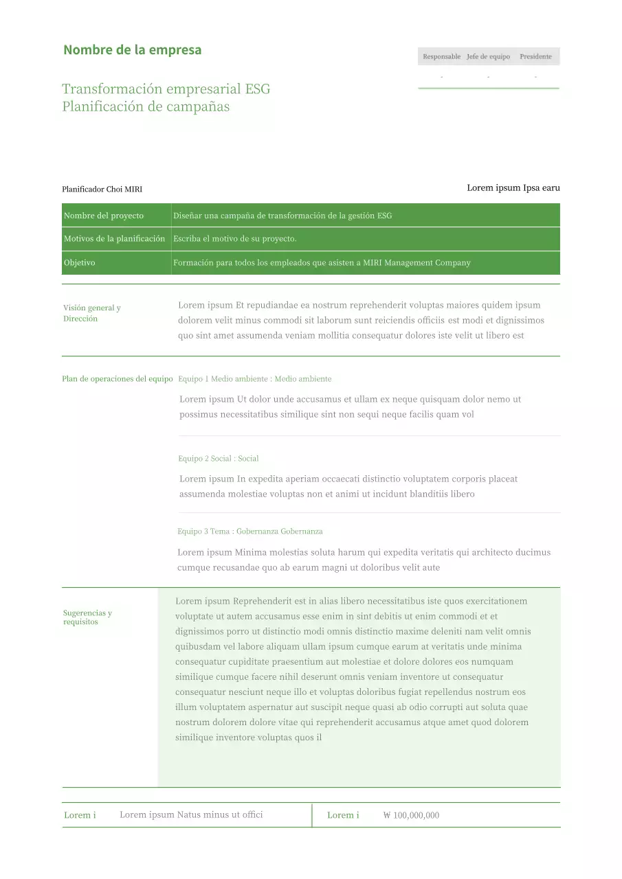 El Plan Básico de la Campaña de Transformación de la Gestión ESG en chartreuse.