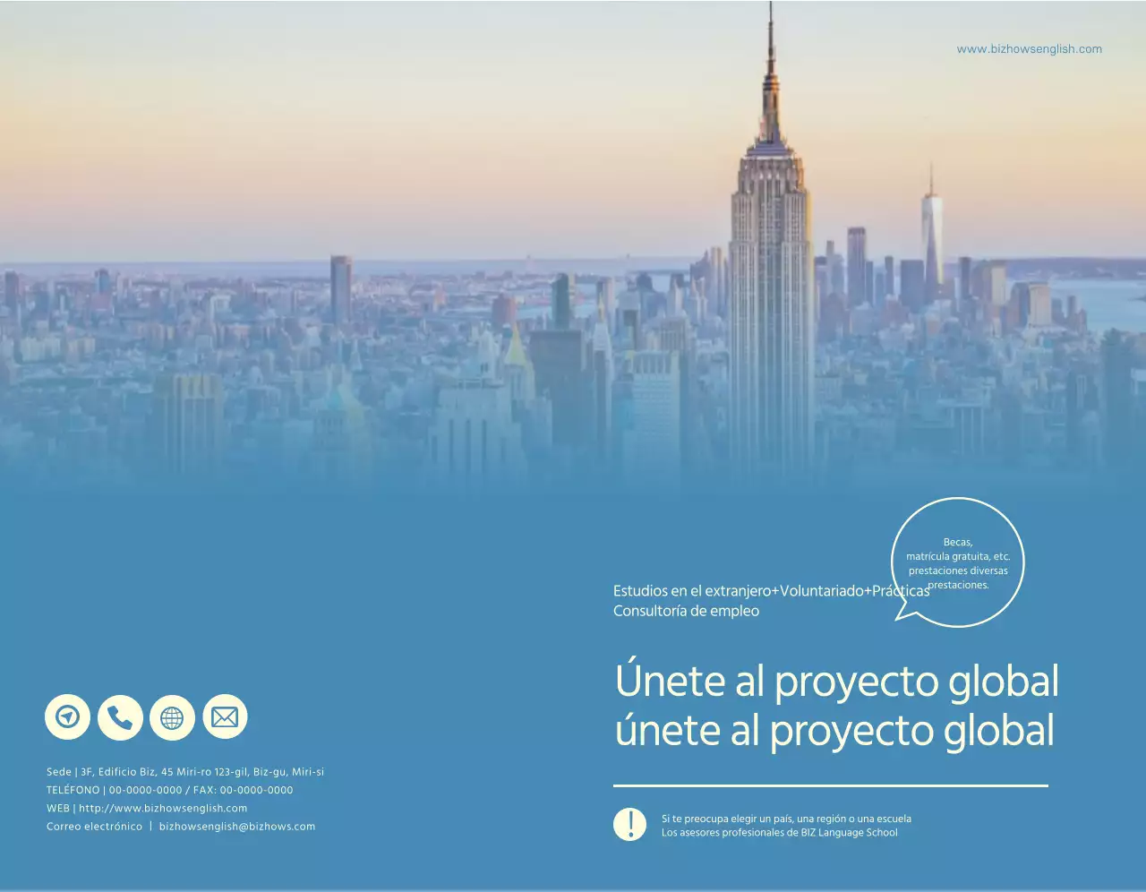 Promoción de una escuela de idiomas con fotos azules y amarillas de paisajes extranjeros