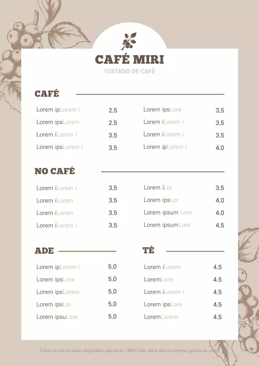 Ilustración botánica café menú cartel en marrón