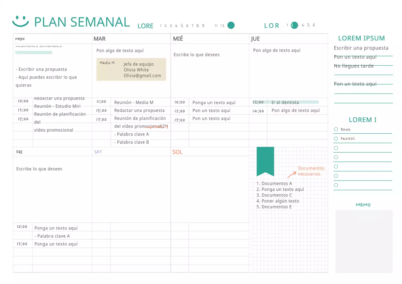 Tono blanco sencillo para las notas web del plan semanal