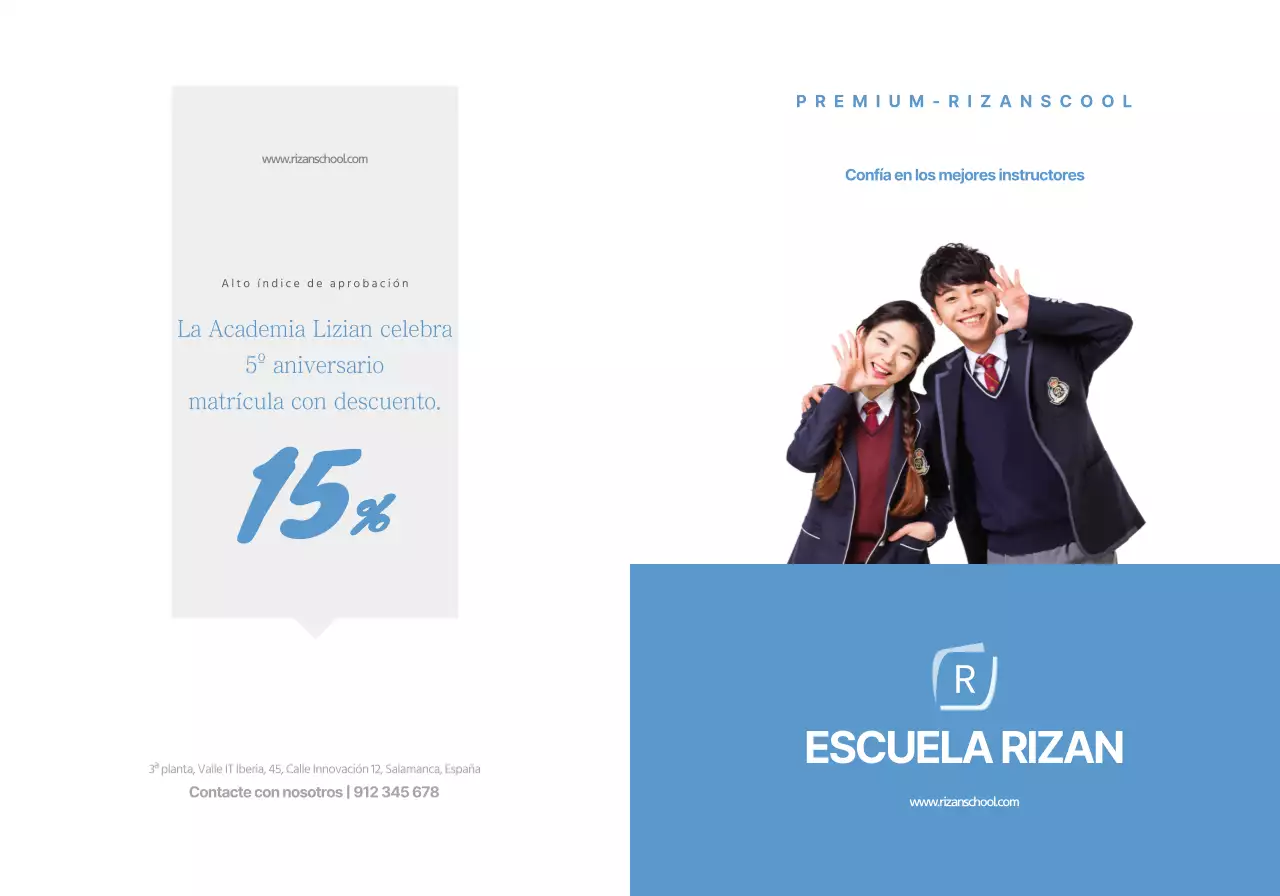 Texto e imágenes sencillas en azul claro para promocionar la academia Lizian School.