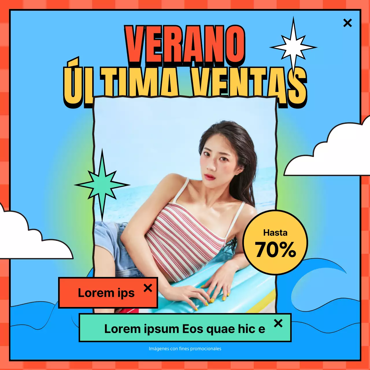 Rebajas de última hora en ropa de verano colorida y caricaturesca