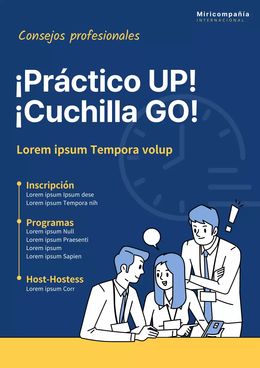 Webposter azul marino y amarillo de consejos para profesionales sobre el manejo de cuchillos
