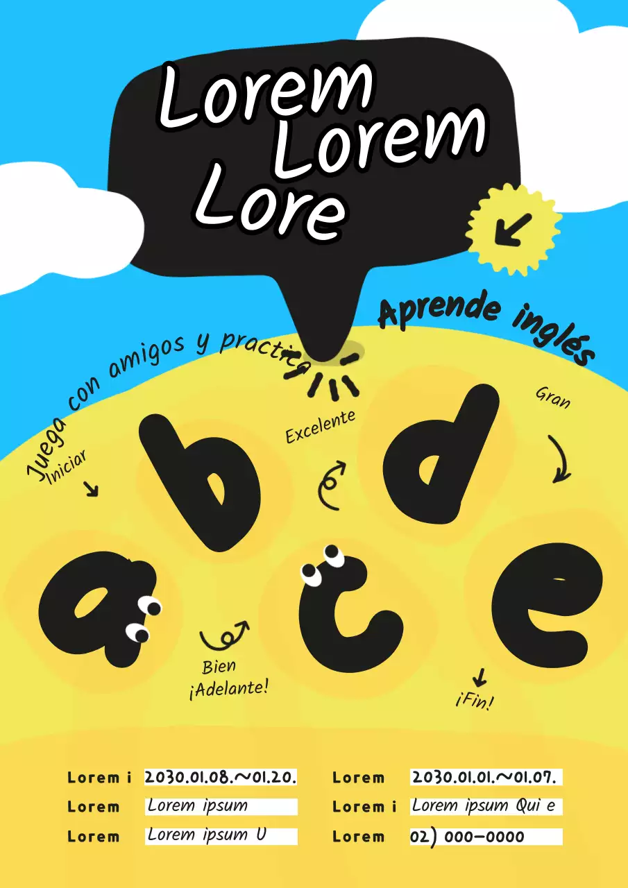 Simpática guía de campamento de inglés primario con fondo azul claro y amarillo (webposter vertical)