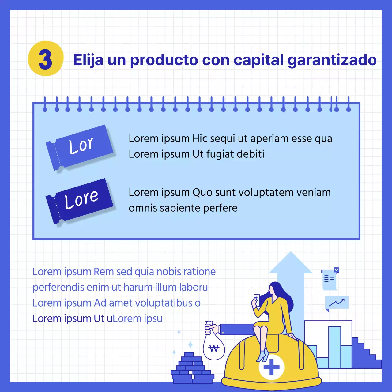 Sencillos consejos financieros explicados en azul y amarillo