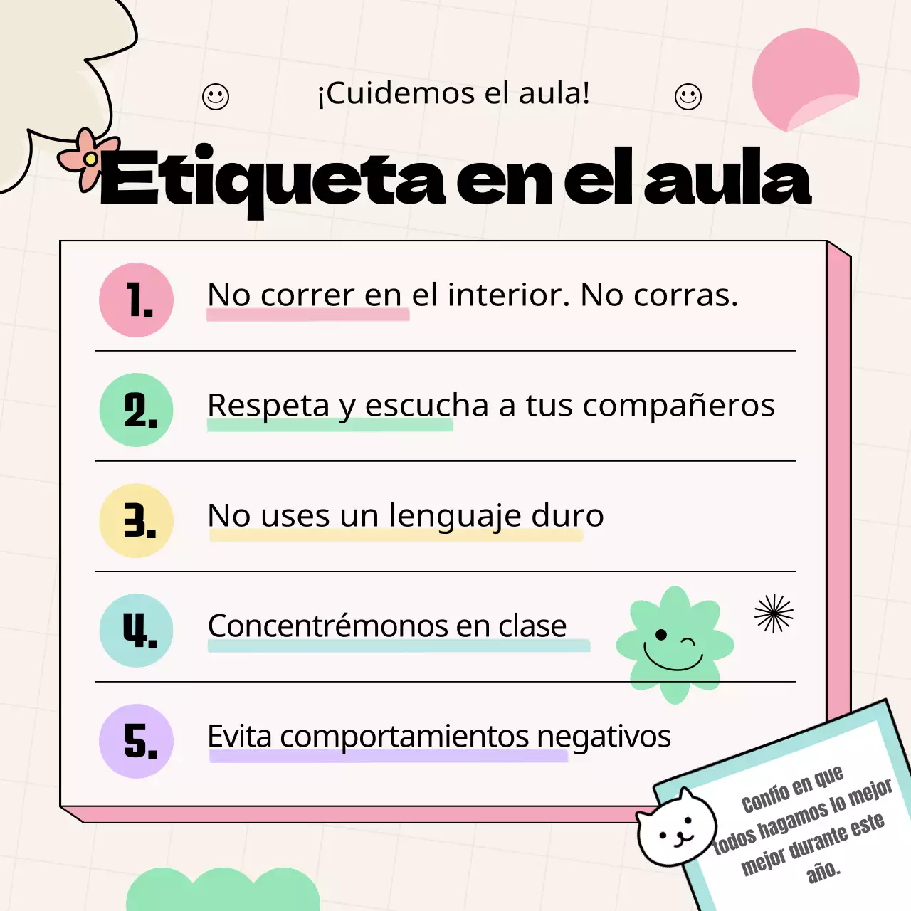 Material promocional de las normas de la clase con grafitis amarillos y coloridos