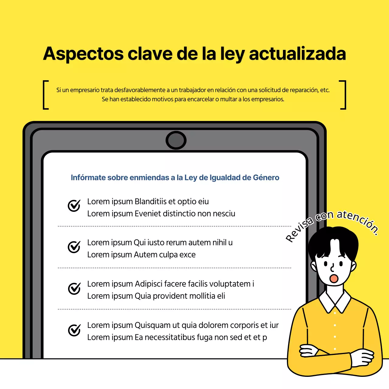 Ilustración amarilla Concepto Modificación de la Ley del Trabajo Guía de la Ley de Igualdad de Género