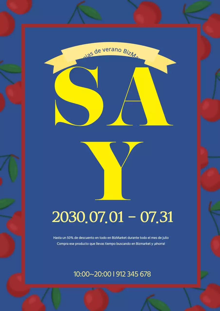 Elegante folleto azul y amarillo para promocionar las rebajas de verano del mercado