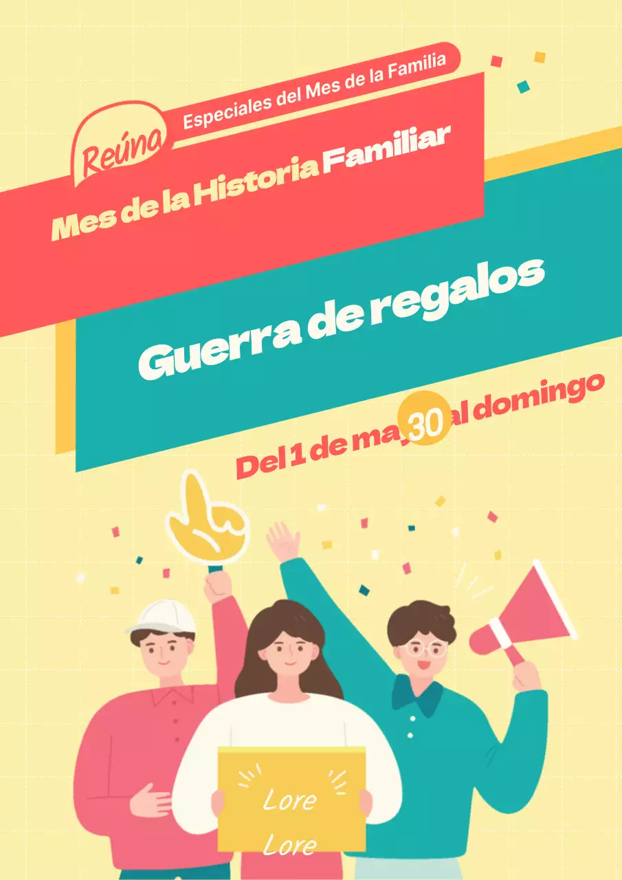 Promocione un super descuento anticipado para el mes de mayo con una ilustración amarilla de una persona y una imagen de un regalo.