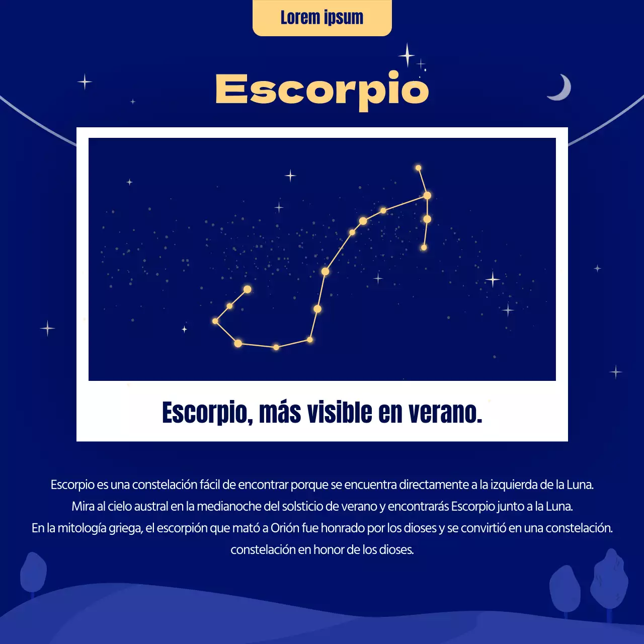 Horóscopo de verano ilustrado en azul y amarillo CardNews