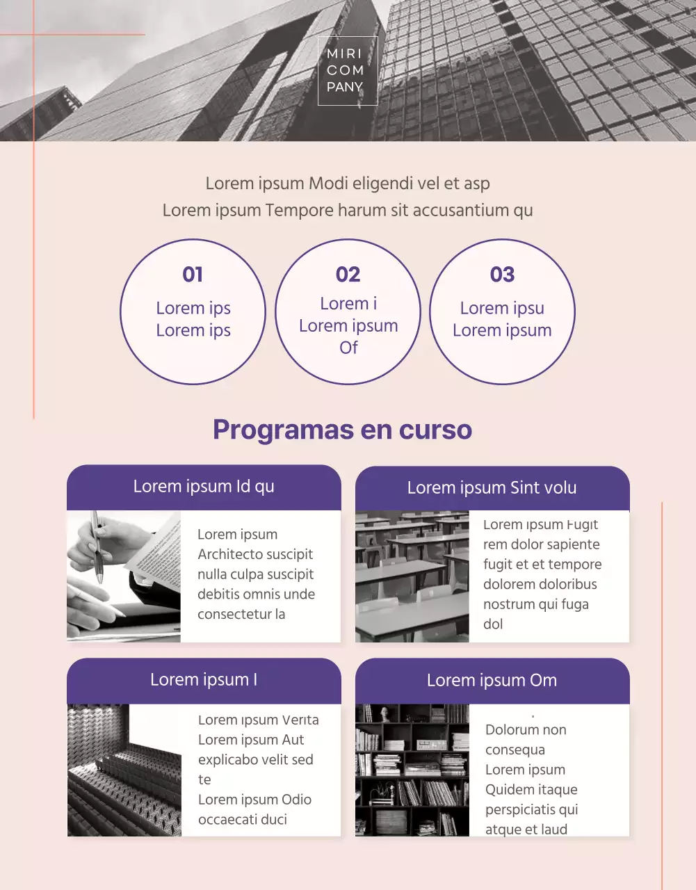 Detalles del programa corporativo en morado con toques naranjas