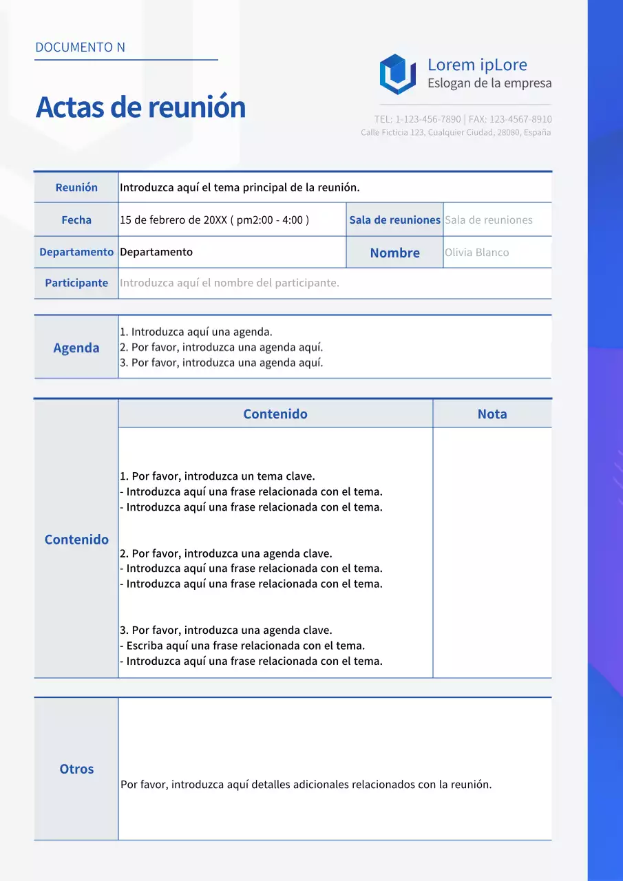 Simple acta de reunión de negocios con un concepto gráfico azul y gris